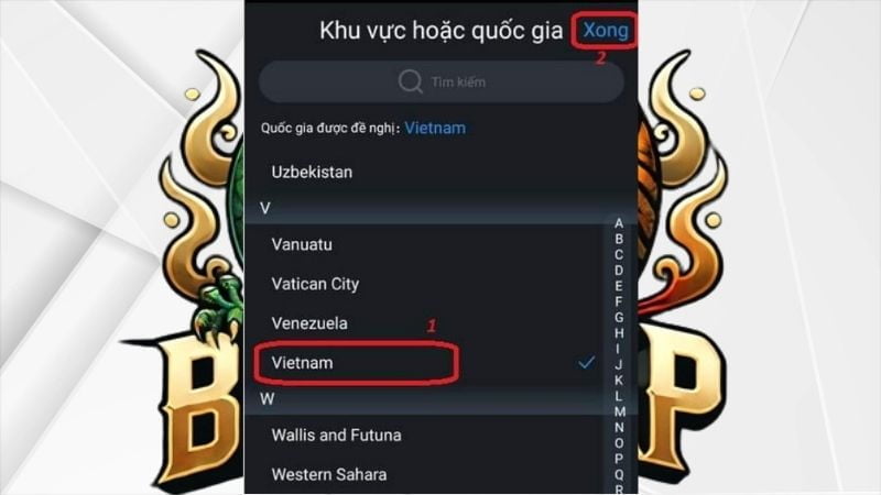 Chọn khu vực hoặc quốc gia