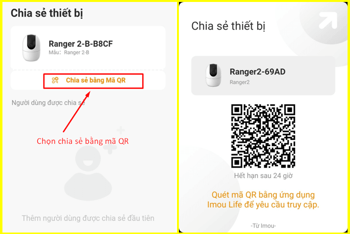 quét vào mã QR code mới được chia sẻ từ tài khoản chính