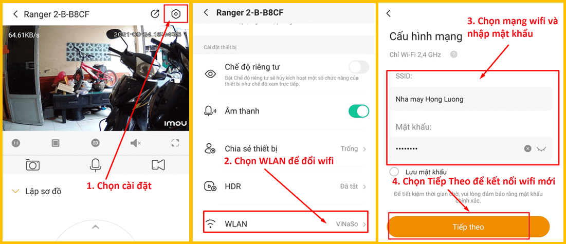 Nhập tên wifi và mật khẩu rồi nhấn tiếp tục là thành công