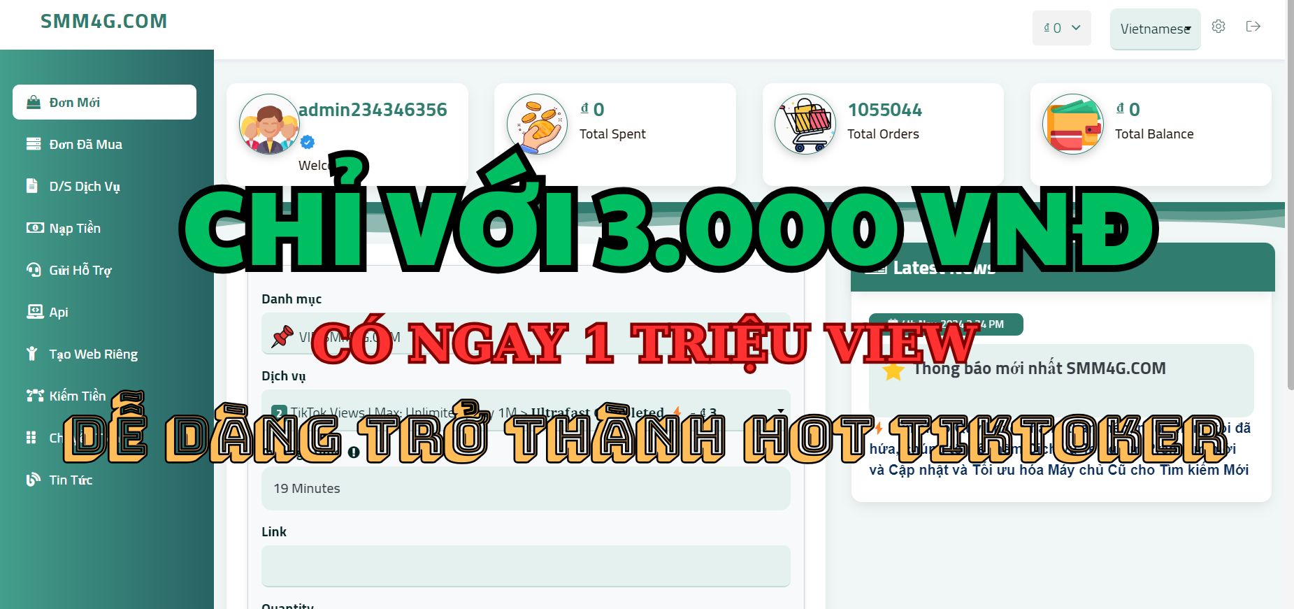 Chỉ với 3.000 vnđ có ngày 1 triệu view tại smm4g.com